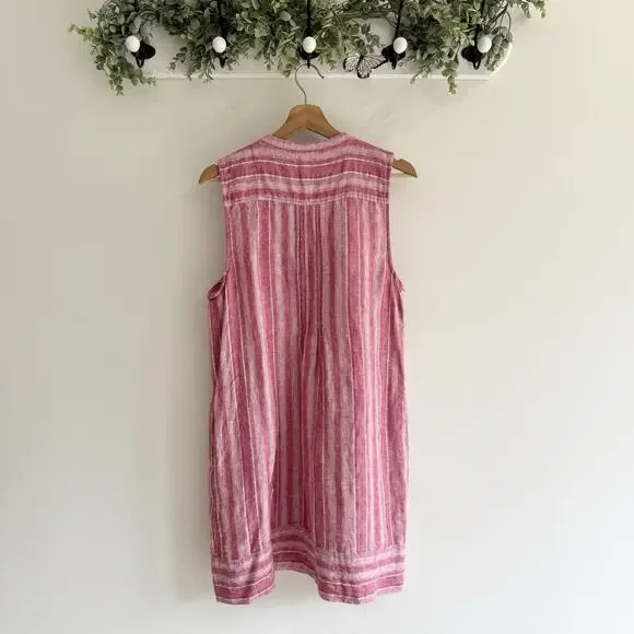 Faherty Isha Linen Dress Red Pink Stripe Half Button Down Sleeveless Large - Picture 4 of 4